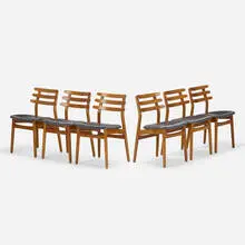 Dining chairs model J48, set of six by Poul Volther, 1951, teak, leather, sold Oct 2021