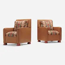 Buffalo Collection, Western club lounge chairs, pair, c. 2010, buffalo leather, fabric, wood