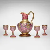 attribution Moser, Drink set with orchids and floral garlands, c. 1885, blown cranberry glass with enamel