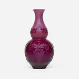 Alexander Joseph von Steuben, Tall Chang double gourd vase, c. 1920, acid-etched Plum Jade glass