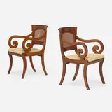 William IV Style, Armchairs, pair, c. 1950, sapele, cane, upholstery