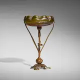 Kralik, Compote, c. 1910, hand-blown glass with applied canes, brass-washed copper