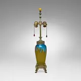 Alexander Joseph von Steuben, Lamp base, c. 1925, hand-blown and acid-etched Blue Aurene over Yellow Jade glass, silver-plated brass, lacquered wood