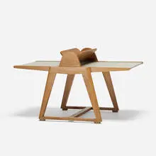 Maxime Old, book table, c. 1950, oak, vinyl