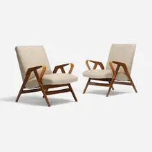 lounge chairs, pair by Ico Parisi, c. 1960, upholstery, stained ash, sold Sep 2014