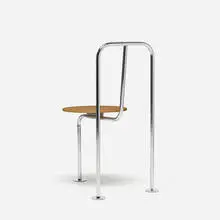 Three-legged chair by Shiro Kuramata, 1983, chrome-plated steel, oak plywood, sold Sep 2014