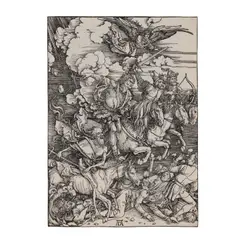 Albrecht Durer, The Four Horsemen of the Apocalypse, from The Apocalypse (Bartsch 64, Meder, Hollstein 167, Schoch Mende Scherbaum 115), 1498, Woodcut on laid paper with Flower on Triangle watermark (Meder 127), a richly inked impression from the 1511 Latin text edition, trimmed to the platemark
