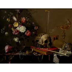 Adriaen van Utrecht, Vanitas still life with a bouquet and a skull, oil on canvas