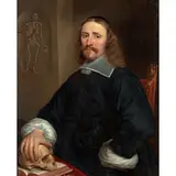 Portrait of a Doctor, half-length, his hand resting on a skull by Lucas Franchoys the Younger, oil on canvas, sold Nov 2023
