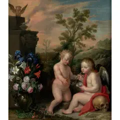 An Allegory of Death with Two Putti by Flemish School, oil on canvas, sold Nov 2023