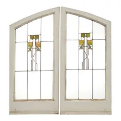 George Washington Maher, Pair of Hollyhock Windows, from the Charles Hosmer Morse residence, Glencoe, Illinois, leaded glass, wood