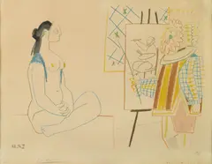 Pablo Picasso: Verve 29-30, Lithograph in colors on Arches paper, signed in pencil and numbered 34/75, with the blindstamp of the publisher, Editions Verve, Paris, with margins, in good condition aside from foxing in the lower margin, light-, mat- and backboard staining, old hinge remains upper and lower edges, skinning lower sheet edge, masking tape along all edges (secured to overmat), verso, soft handling creases, framed.