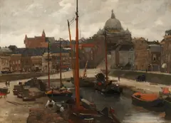 Floris Arntzenius, Scheveningen: Badhuiskade/Havenkade met Seinpost op de achtergrond (A view of Scheveningen harbour), Oil on canvas