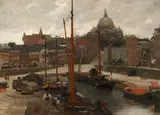 Floris Arntzenius, Scheveningen: Badhuiskade/Havenkade met Seinpost op de achtergrond (A view of Scheveningen harbour), Oil on canvas