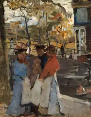 Isaac Israëls, Drie vrouwen op de hoek Keizersgracht/Leidsegracht te Amsterdam (Three women on the corner of Keizersgracht and Leidsegracht, Amsterdam), Oil on canvas