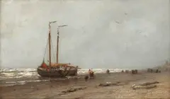 Johan Hendrik Weissenbruch, Strandgezicht Vissers op het Strand bij Scheveningen (Fishermen on the beach at Scheveningen), Oil on panel