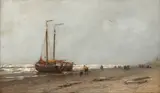Johan Hendrik Weissenbruch, Strandgezicht Vissers op het Strand bij Scheveningen (Fishermen on the beach at Scheveningen), Oil on panel