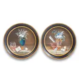 Still life of flowers on a stone ledge with peaches; and Still life of flowers with a fish bowl on a stone ledge by called Lelong Johann Rudolf Feyerabend, A pair, gouache, tondi, sold Nov 2023