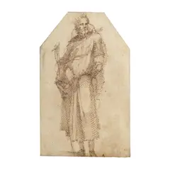 Domenico Beccafumi, Un saint debout tenant une croix en tau à laquelle est attachée un rosaire  (recto);, pen and brown ink, brown wash, the upper corner trimmed