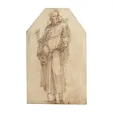 Domenico Beccafumi, Un saint debout tenant une croix en tau à laquelle est attachée un rosaire  (recto);, pen and brown ink, brown wash, the upper corner trimmed