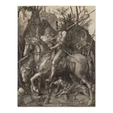 Albrecht Durer, Le Chevalier, la Mort et le Diable, engraving, 1513, on laid paper, a very good Meder b impression, printing with strong contrasts, trimmed to or just inside the platemark