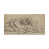 Un amas d'hommes nus allongés pierre noire, filigrane fragmentaire scorpion dans un cercle by Dit Il Pontormo Ou Entourage de Jacopo Carrucci, black chalk, fragmentary watermark scorpion in a circle, sold Jun 2023