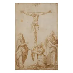La Crucifixion porte une inscription « Giorgio Vasari » (en bas à droite); numéroté « 7 » (en haut à gauche) et « 33 » (en haut à droite) by Giorgio Vasari, black chalk, pen and brown ink, brown wash, watermark star in a circle (similar to Briquet 097, Lucca, circa 1566-1567), sold Jun 2023