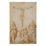 Giorgio Vasari, La Crucifixion porte une inscription « Giorgio Vasari » (en bas à droite); numéroté « 7 » (en haut à gauche) et « 33 » (en haut à droite), black chalk, pen and brown ink, brown wash, watermark star in a circle (similar to Briquet 097, Lucca, circa 1566-1567)