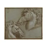 XVIe Siecle École Florentine, Étude de deux têtes de chevaux porte une inscription « Giorgio Vasari » (en bas à droite), pen and brown ink, brown wash, heightened with white on blue paper, laid down