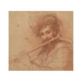Jeune homme barbu, vu en buste, jouant de la flûte sanguine, pierre noire et craie blanche, collé en plein by XVIIe Siècle École Bolonaise, red, black and white chalk, laid down, sold Jun 2023