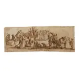 Jacques Callot, Scène de marché: études de figures plume et encre brune, lavis brun, traces de pierre noire, sur trois feuilles de papier, avec sur l'une un filigrane coupé, collé en plein, pen and brown ink, brown wash, traces of black chalk, on three sheets of paper, one of them has a watermark cut, fully laid down