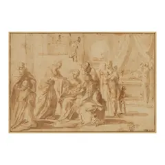 Guido Reni, La naissance de la Vierge, pen and brown ink, brown wash, laid down on a French 18th century mount