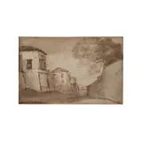 dit Claude Lorrain Claude Gelée, Une rue avec des maisons à gauche, une fortification à droite, pen and brown ink, brown wash