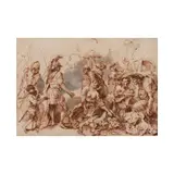 La famille de Darius devant Alexandre  pinceau, huile et gouache, collé en plein by il Grechetto Giovanni Benedetto Castiglione, brush, oil and bodycolour, laid down, sold Jun 2023