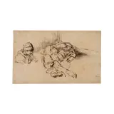 Willem Drost, Une femme allongée dans un lit, une autre à son chevet, pen and brown ink, brown wash, on Japan paper, laid down on Japan paper