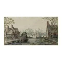 Jan van Goyen, Paysage de printemps: un canal dans un village avec deux hommes dans une barque, un clocher d'église à l'arrière-plan signé et daté « I V GOYEN 1626 » (en bas à gauche), pierre noire, aquarelle et gouache, traits d'encadrement à la plume et encre noire
