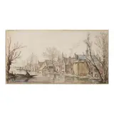 Jan van Goyen, Paysage d'hiver: un canal dans un village avec un homme dans une barque, une église à l'arrière-plan