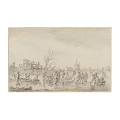 Jan van Goyen, Paysage d'hiver: pêcheurs sur la glace, black chalk, grey wash, watermark Strasbourg lily within a shield, above the letter W  (similar to Briquet 7165), black chalk framing lines
