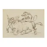 Théodore Géricault, Deux hommes nus s'efforçant d'arrêter un taureau, black chalk, pen and brown ink, grey wash, on laid paper