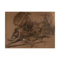Étude d'ensemble pour le Radeau de la Méduse (recto); by Théodore Géricault, pen and brown ink, brown wash, heightened with white (darkened paper), sold Jun 2023