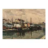 Takanori Oguiss, Péniches à quai sur le canal Saint-Denis, oil on canvas