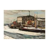 Takanori Oguiss, Péniches sous la neige, Canal Saint-Denis, oil on canvas