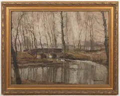 František Charvát, Autumn Landscape with a Bridge, First half of 20th century, oil on cardboard