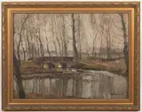 František Charvát, Autumn Landscape with a Bridge, First half of 20th century, oil on cardboard