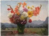 Isabella Mikulicz-Breyer, Landscape with a Bouquet, 1945, oil on wood