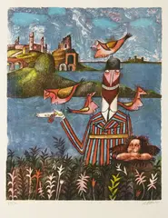 Adolf Born, Romantic Landscape with Tame Birds, 1971, lithography, paper