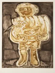 Ota Janeček, Boy with a Rooster, 1940s, coloured etching, aquatint, paper