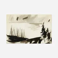 Herman Maril, Boats and Pines, ink wash on paper