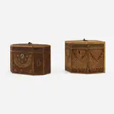 Georgian, Quillwork tea caddies, set of two, quillwork over wood, brass, marquetry