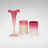 New England Glass Co., Peach Blow Agata and Peach Blow vase and tumblers, c. 1885, hand-blown glass